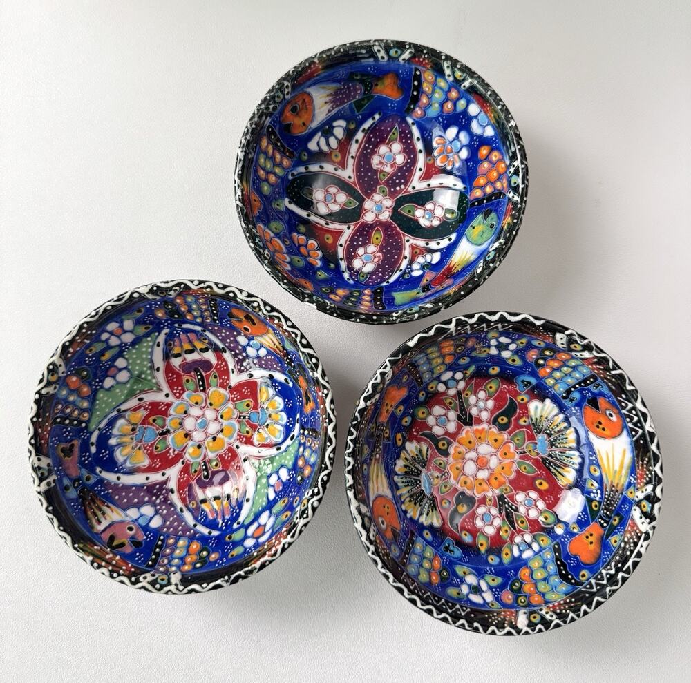 Traditional Turkish Ceramic Bowls Set 3 Hand Painted Fish Floral Cobalt Blue